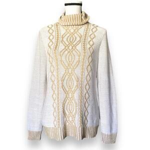 Liz Claiborne Turtleneck Cable Knit Sweater Fits M Cream Tan Chunky Fisherman